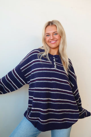 Midnight Blue Striped Knit Sweater With Collar