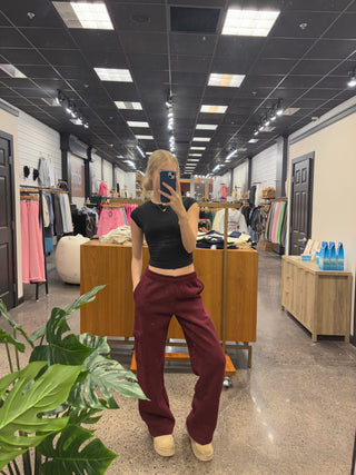 Long Black Cherry Staple Cargo Wide Leg Sweatpants