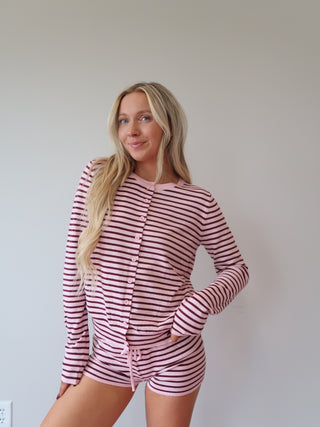 Pink & Maroon Striped Button Up Sweater