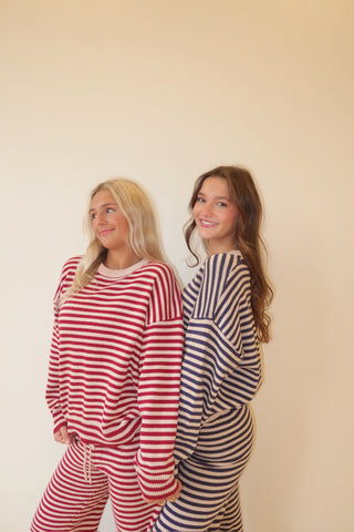 Burgundy & Pink Stripe Crew Neck Sweater