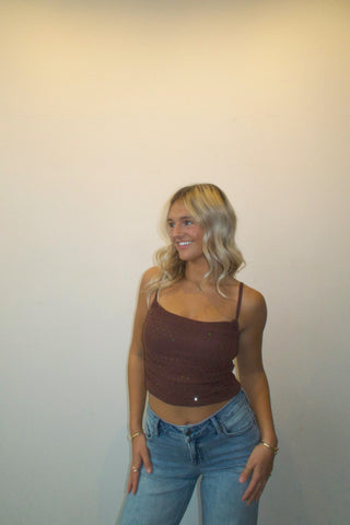 Brown Rhinestone Mesh Cami Top