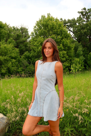 Sleeveless High Neck Denim Mini Dress