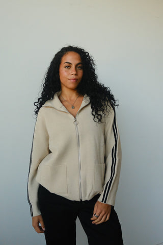 Tan Side Stripe Zip Up Sweater