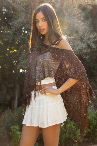 Brown Crystal Sequin Tassel Fringe Crochet Cape