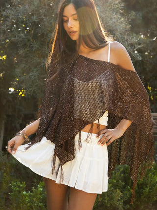 Brown Crystal Sequin Tassel Fringe Crochet Cape
