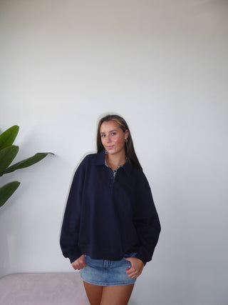 Navy Henley Sweatshirt With Navy Gingham Inside