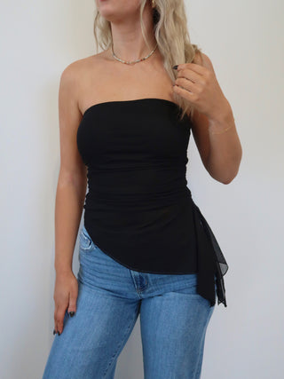Black Strapless Asymmetrical Mesh Top