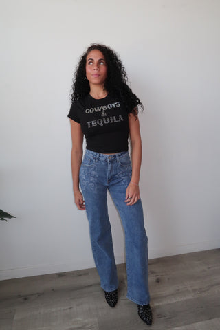 Western Embroidered Stretchy Jeans - Medium Denim