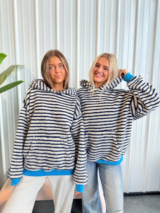 Cozy Navy Striped Hoodie With Blue Cuff