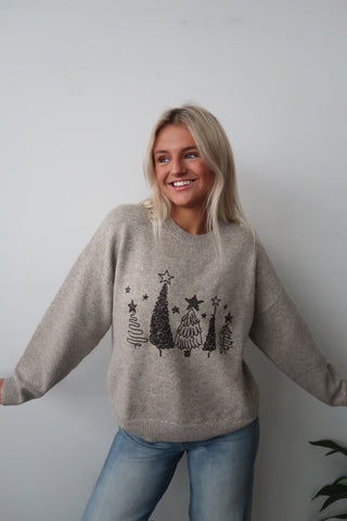 Tan Sequin Christmas Tree Sweater