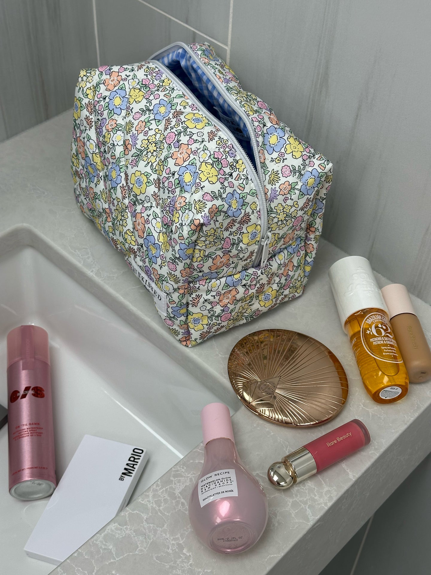 Pastel Flower Quilted Makeup Bag