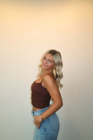 Brown Rhinestone Mesh Cami Top