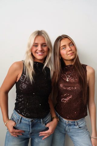 Black Sequin Boat Neck Tank Top