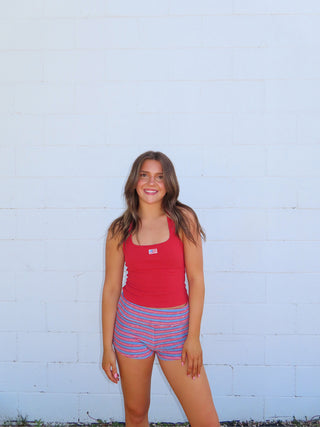 Dusty Blue/Red Fold Over Striped Shorts
