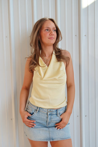 Satin Open Back Cowl Neck Top - Pastel Yellow