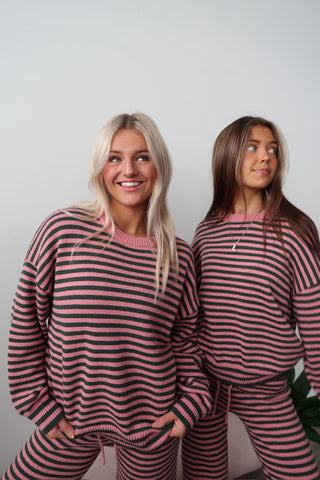 Pink & Green Stripe Crew Neck Sweater
