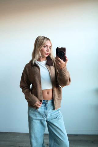Oatmeal Cardigan Sweater With Leather Collar