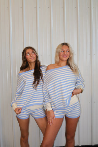 Blue Striped Off The Shoulder Long Sleeve