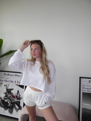 Cropped White Star Mesh Long Sleeve