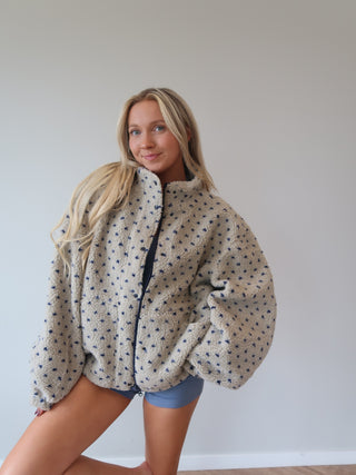 Polka Dot Sherpa Jacket - Taupe/Blue