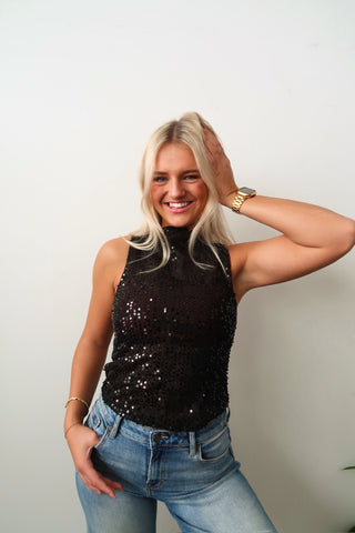 Black Sequin Boat Neck Tank Top