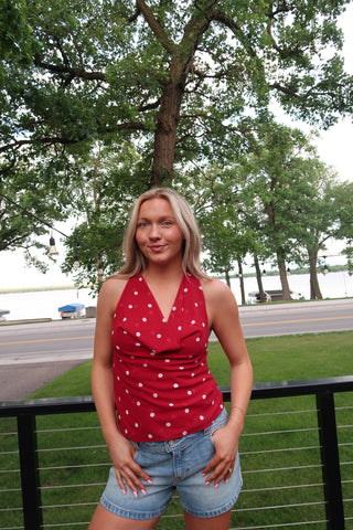 Polka Dot Cowl Neck Top with Attached Scarf