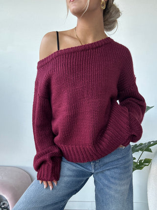 Burgundy Off The Shoulder Knit Sweater