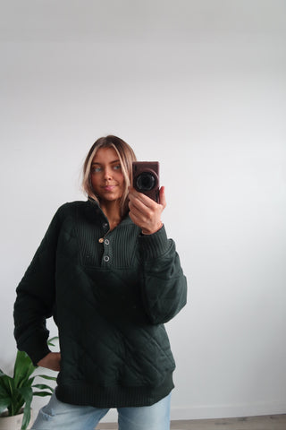 Dark Green Quilted Snap Pullover
