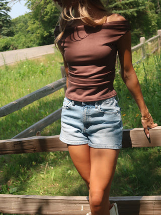 Mocha Off Shoulder Ruched Knit Top