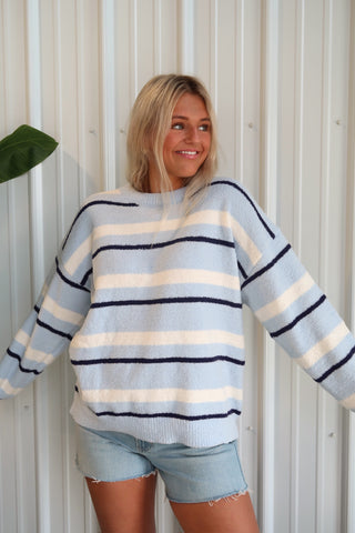 Ultra Soft Knit Baby Blue Striped Crewneck Sweater