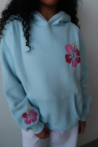 Icy Blue Hibiscus Flower Beach Babe Embroider Hoodie