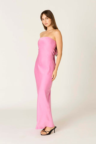 Peony Pink Satin Strapless Maxi Dress With Open Back
