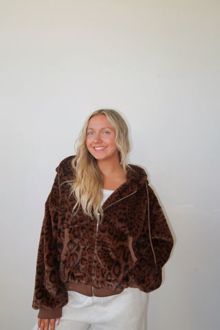 Faux Fur Leopard Zip Up Hoodie