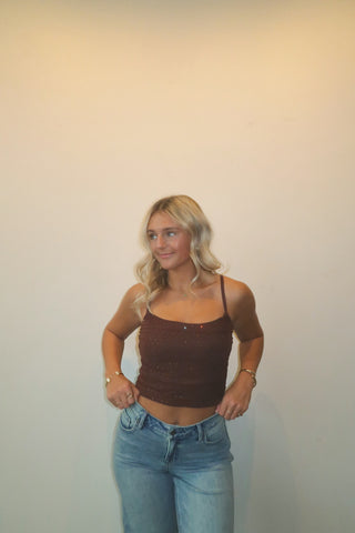 Brown Rhinestone Mesh Cami Top
