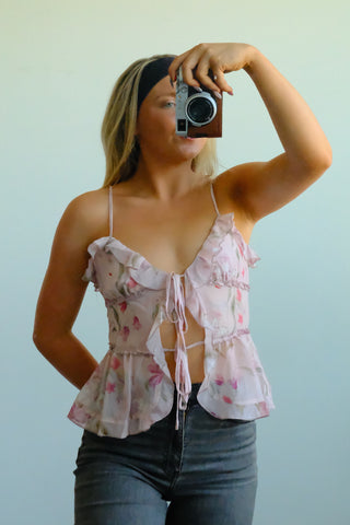 Front Tie Floral Ruffle Tank