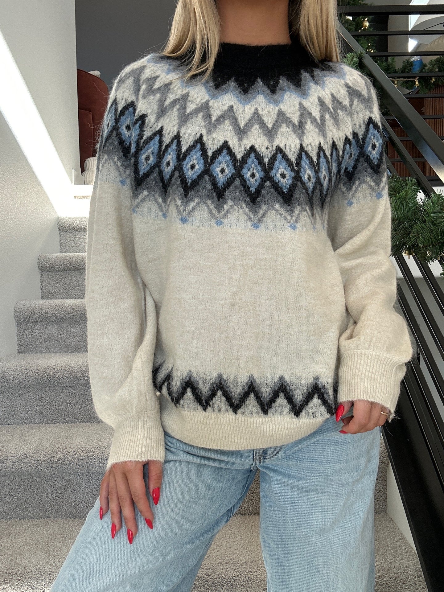 Oversized Cream With Blue Detail Sweater