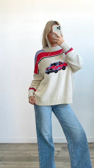 Cream Retro Car Knit Sweater
