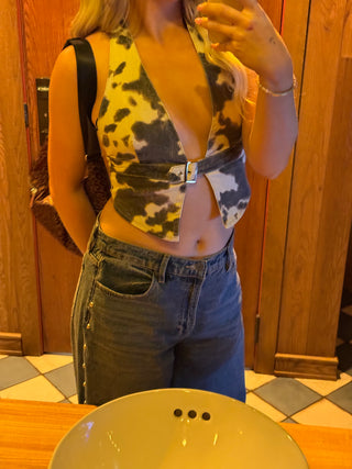 Taupe And Brown Cow Print Denim Halter Vest