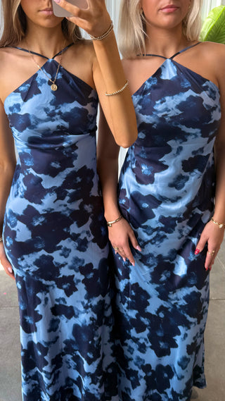 Blue Floral Open Back Maxi Dress