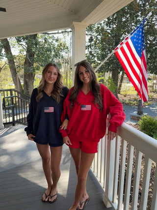 Red American Flag Embroider V-Neck Sweatshirt