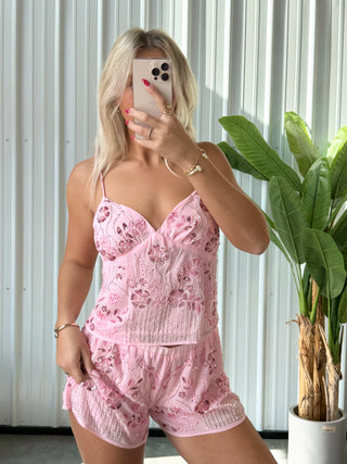 Pink Floral Beaded Shorts