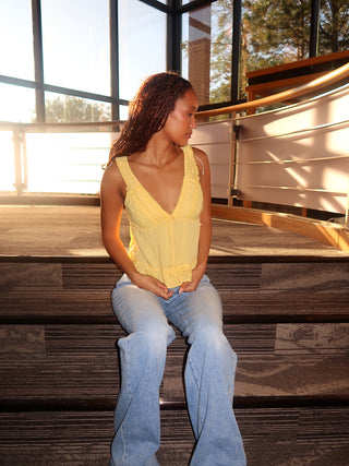 Yellow V-Neckline Top with Lace Trim