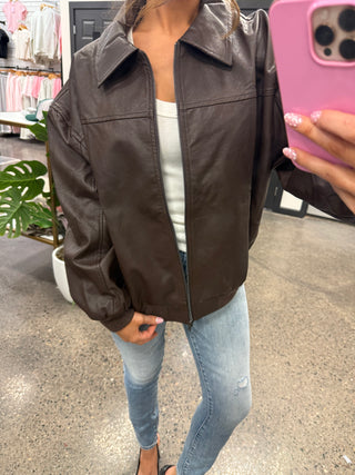 Chocolate Brown Faux Leather Bomber Jacket