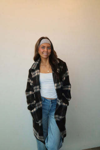 Brown & Cream Plaid Long Wool Coat