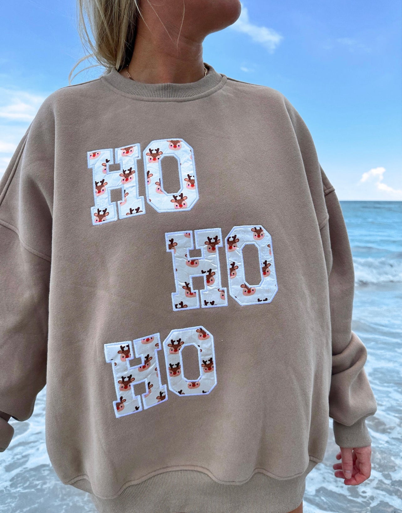 Ho Ho Ho Christmas Embroider Sweatshirt Mocha