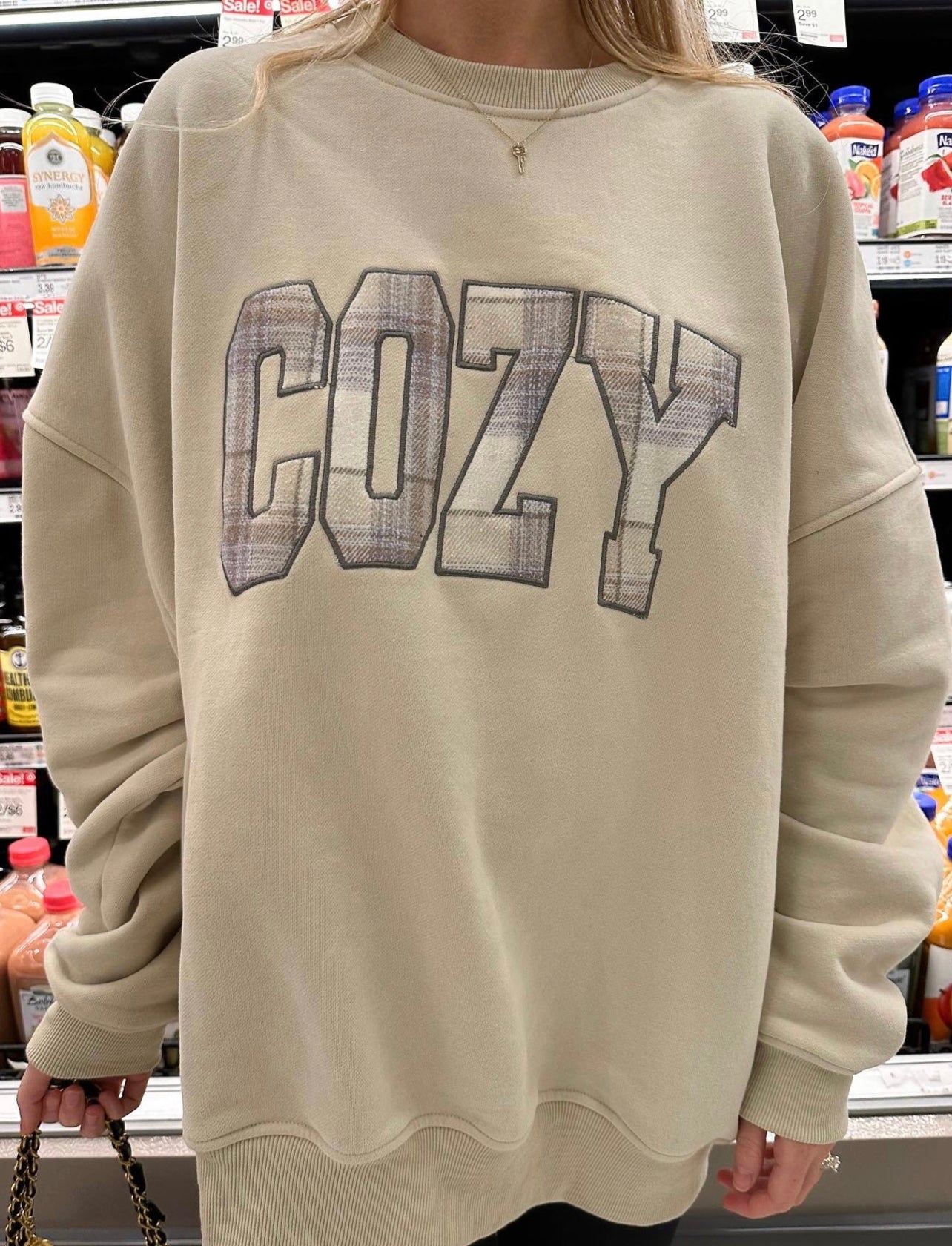 “Cozy” Embroidered Flannel Crewneck