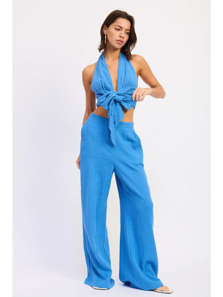 Ocean Blue Double Gauze Halter Neck Crop Top