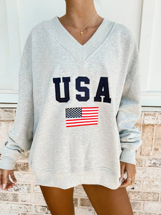 Grey USA Flag Embroider V-Neck Sweatshirt