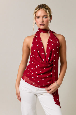 Polka Dot Cowl Neck Top with Attached Scarf