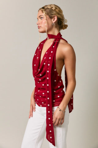 Polka Dot Cowl Neck Top with Attached Scarf